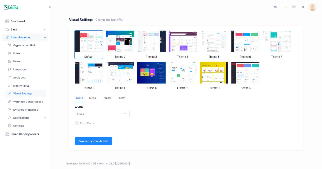 The ASP.NET Zero theme picker, showing the bundled Metronic layouts